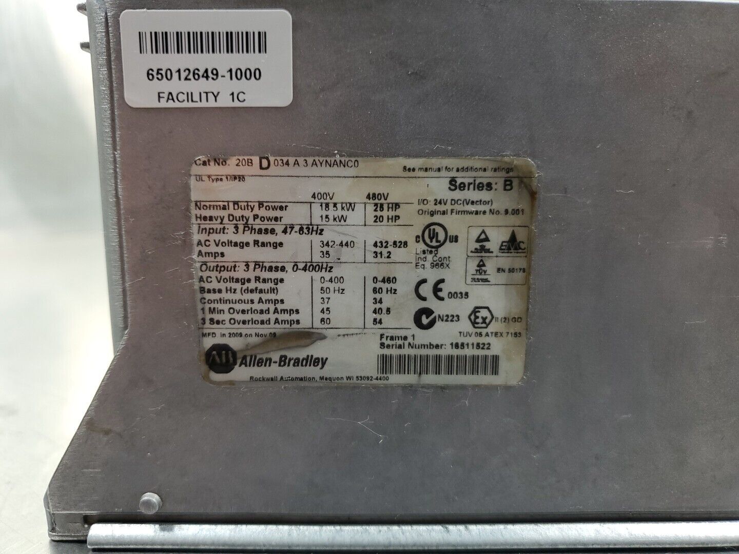 Allen Bradley 20BD034A3AYNANC0 SER. B VFD Drive, 25/20HP (REFURB)        1E-15.1