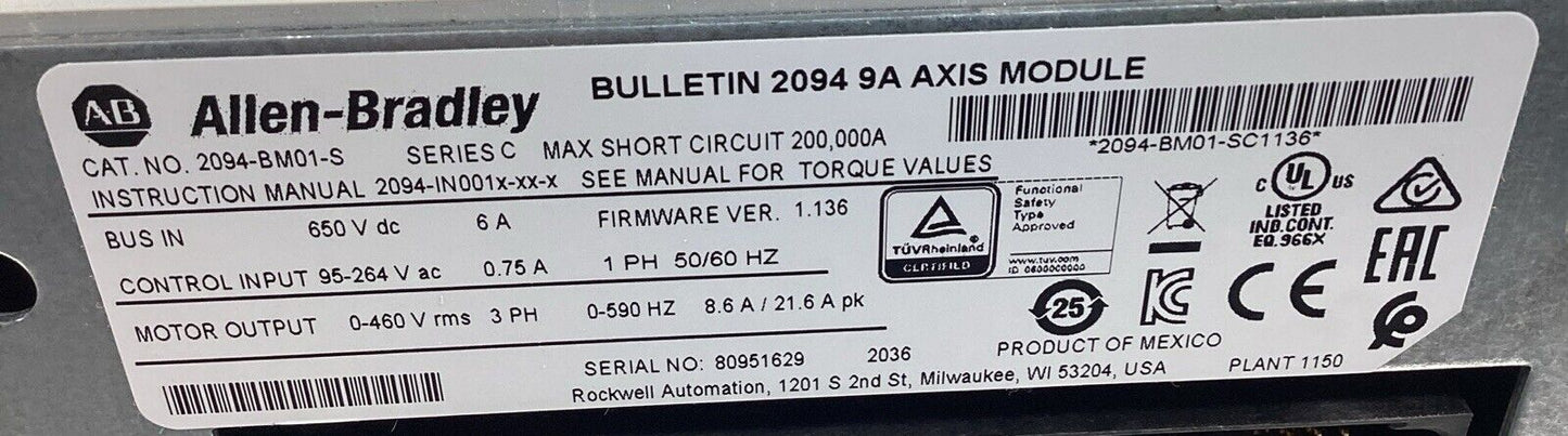 Allen Bradley  2094-BM01-S /C  Kinetix 6000 Module, 400/460V  9A 3Ph      1E-02