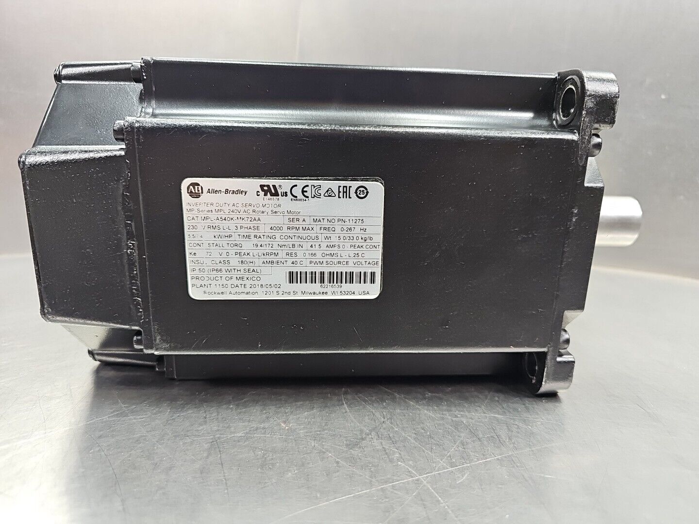 Allen- Bradley MPL-A540K-MK72AA Ser.A Servo MP Motor 4000rpm.  Loc1G