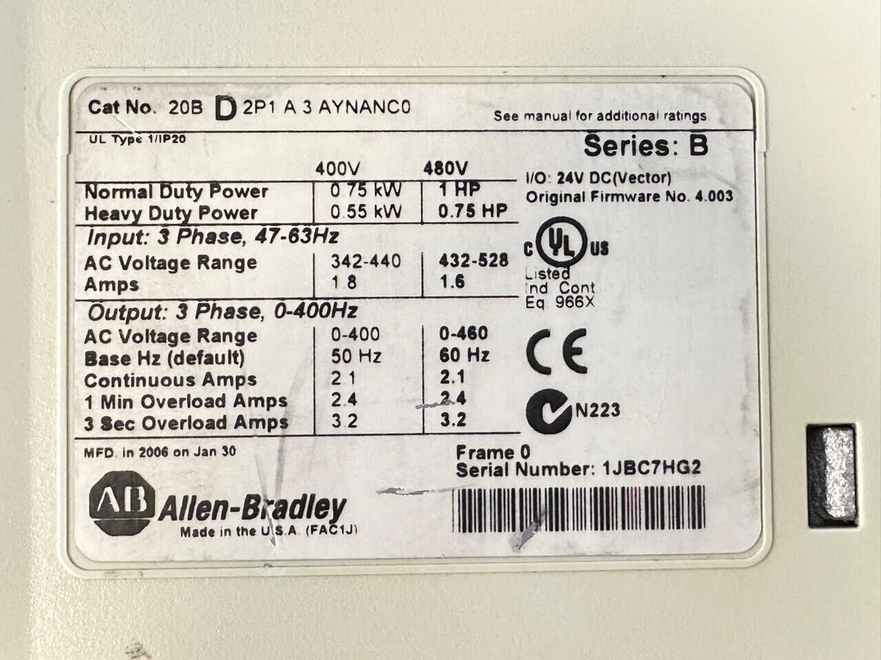 Allen-Bradley PowerFlex700 20BD2P1A3AYNANC0 Ser. B 1HP 400V      (1D-07)