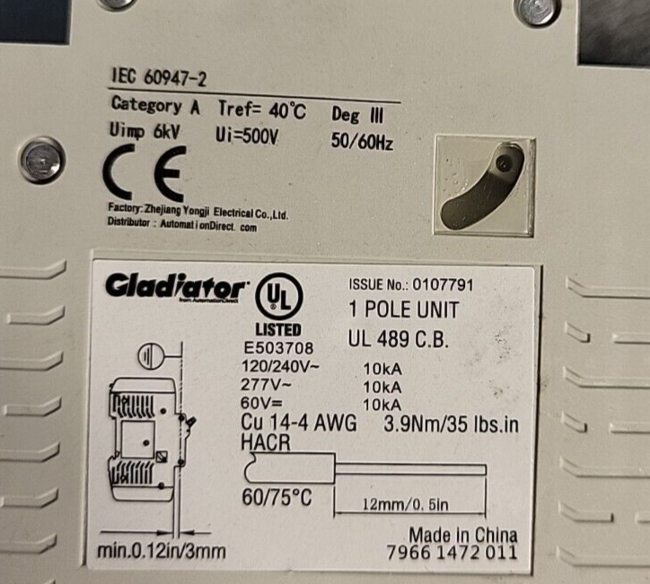 Gladiator  IEC60947-2  GMCBU-240 VAC / 60 VDC, 1-pole    (BIN 3.5.2)