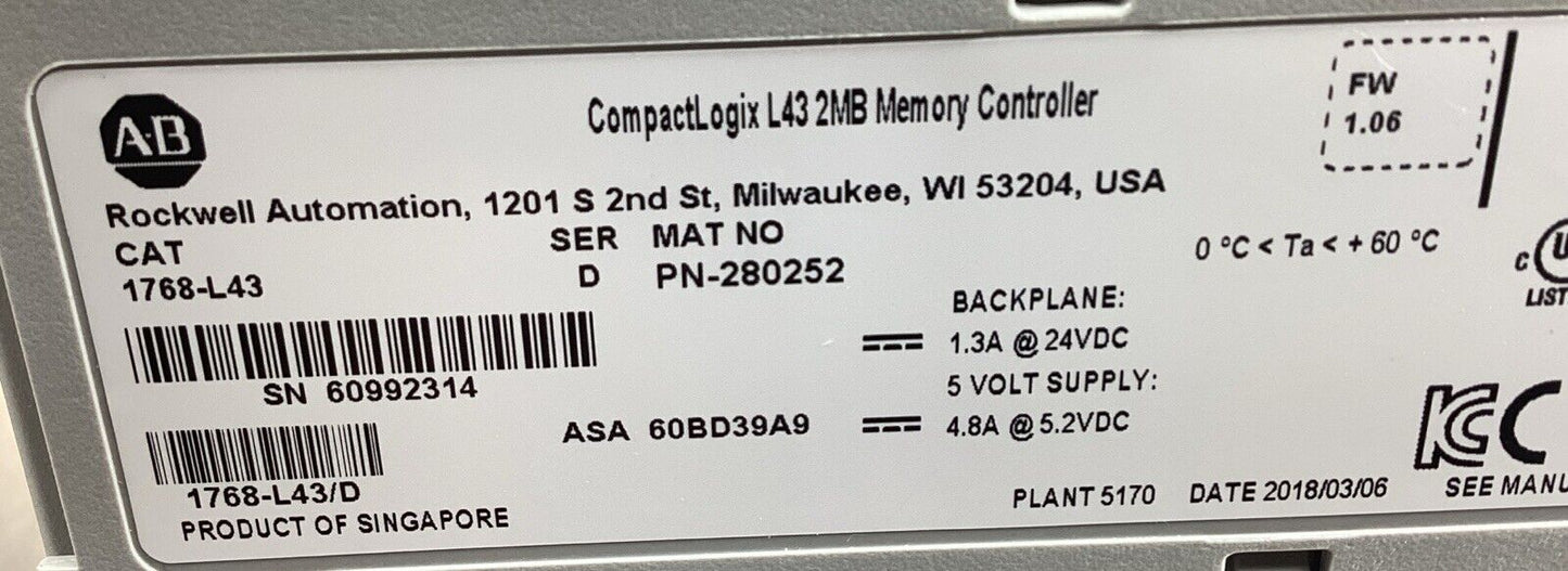 Allen Bradley  1768-L43 /D  CompactLogix L43 2MB Memory Controller        3E-47