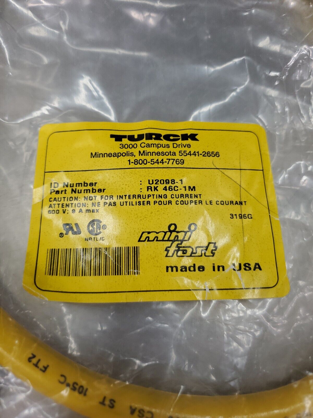 Turck RK 46C-1M (Id#.U2098-1) Minifast Molded Cordset.                     5A-12