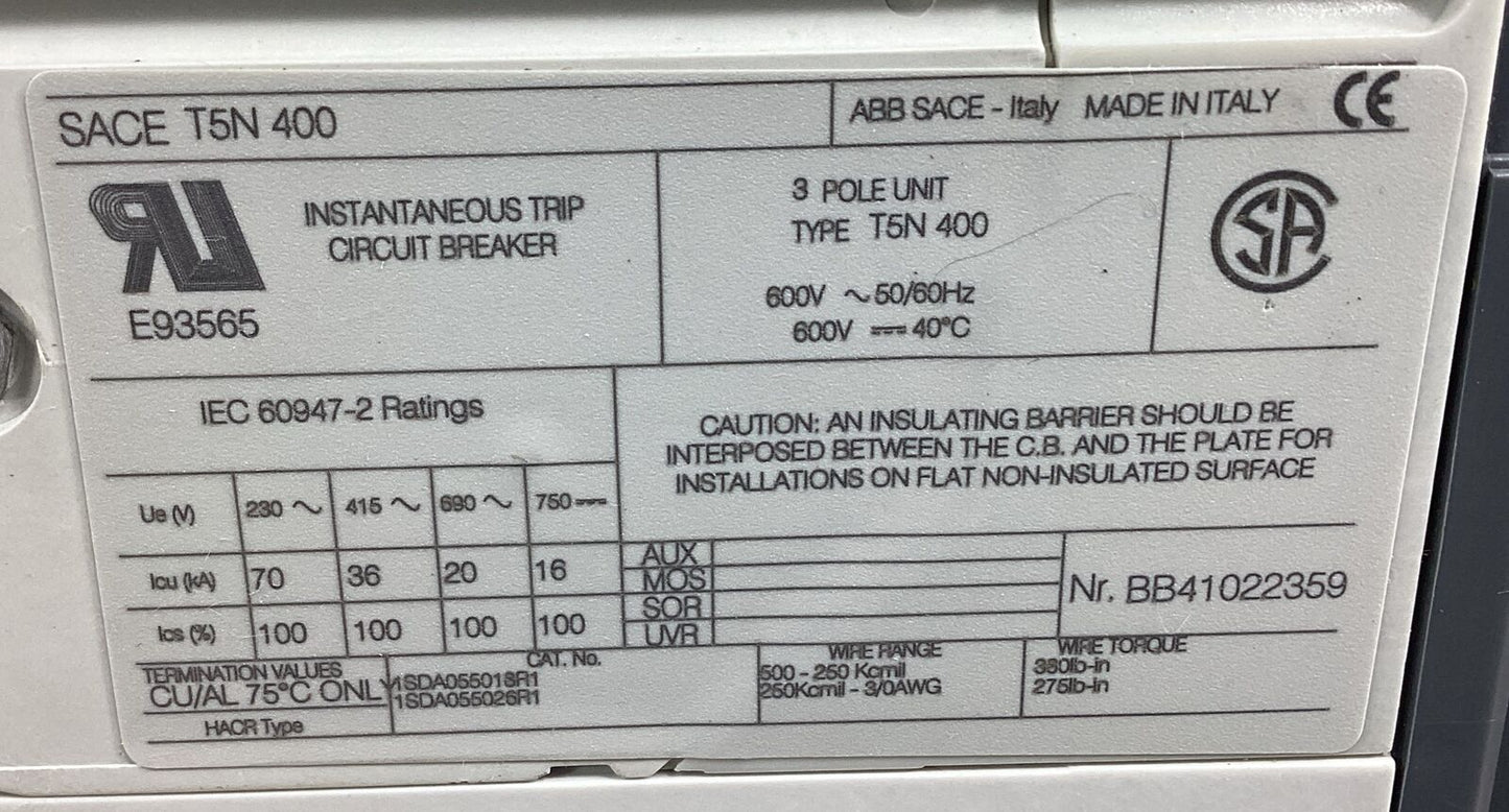 ABB  T5N400  SACE Tmax Circuit Breaker 400A 600V 3 Pole     4B