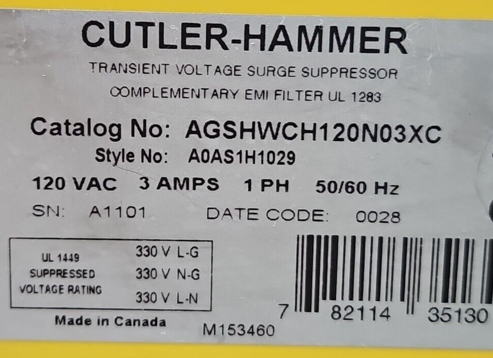 Cutler Hammer AGSHWCH120N03XC Transient Voltage Surge Suppressor (BIN3.4 .5)