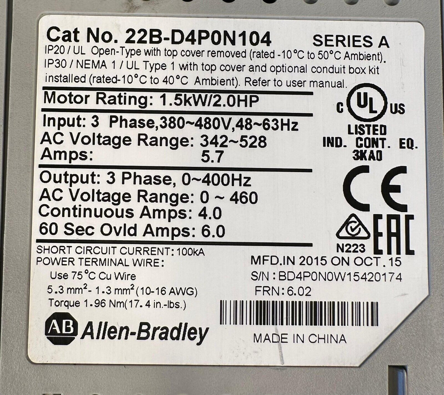 Allen Bradley PowerFlex40 22B-D4P0N104 Ser. A - 2.0Hp  3 Ph.    (1C-05)