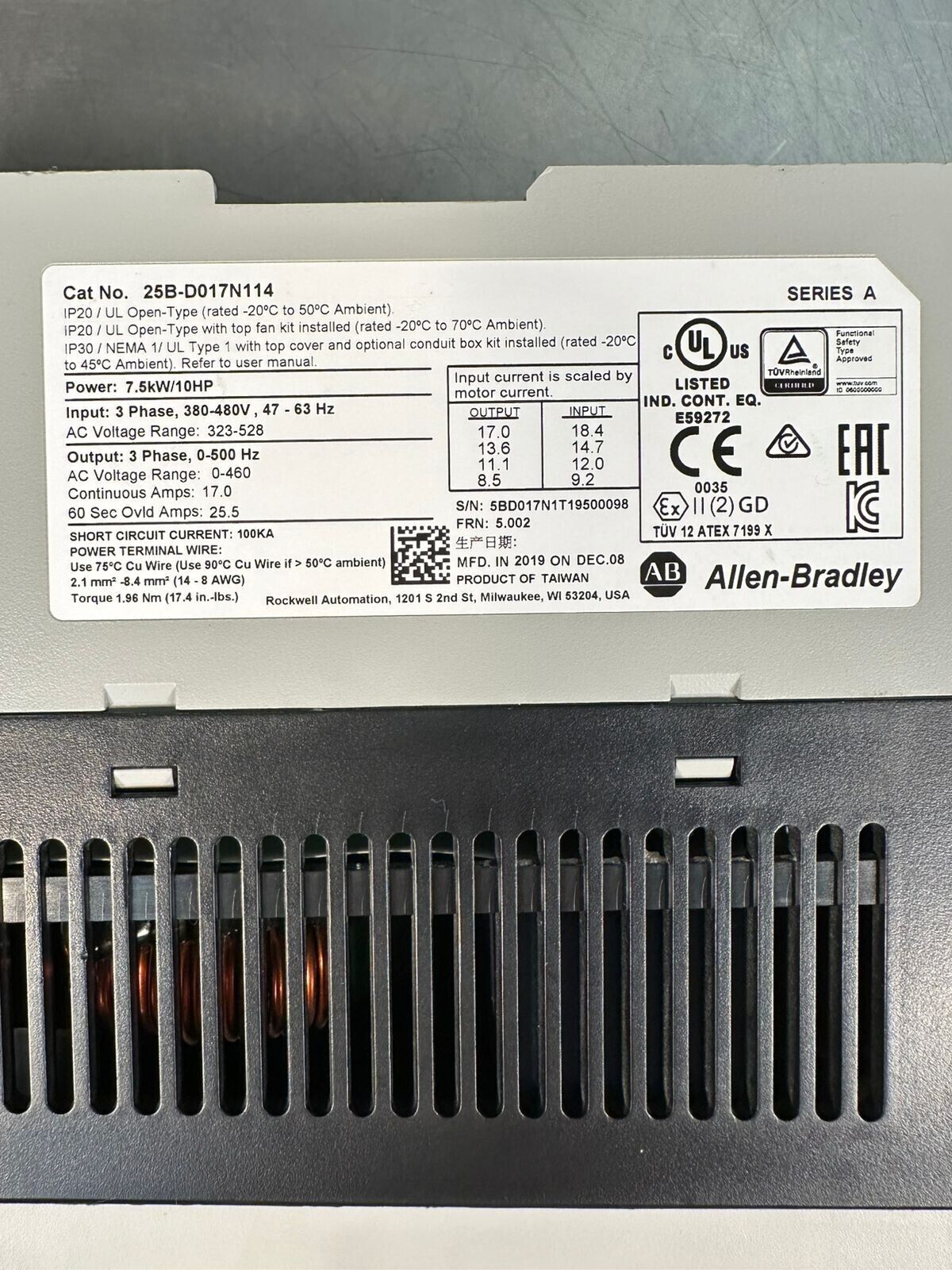 Allen Bradley 25B-D017N114 PowerFlex525 10Hp Ser A   (1C-24)