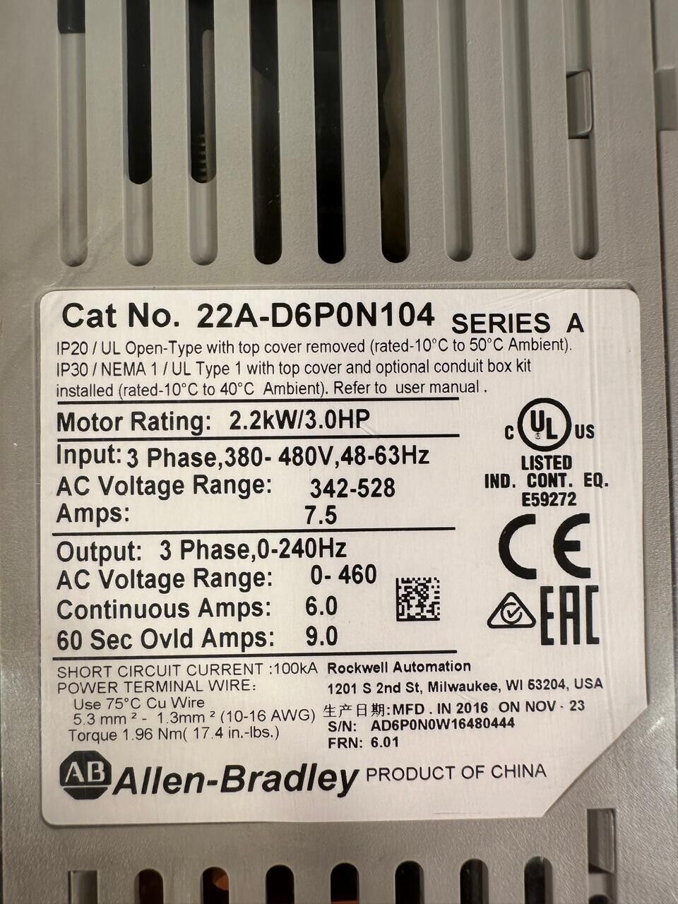 New 22A-D6P0N104 Allen Bradley PowerFlex4 AC  Ser. A. Drive 3HP  (1E-26)