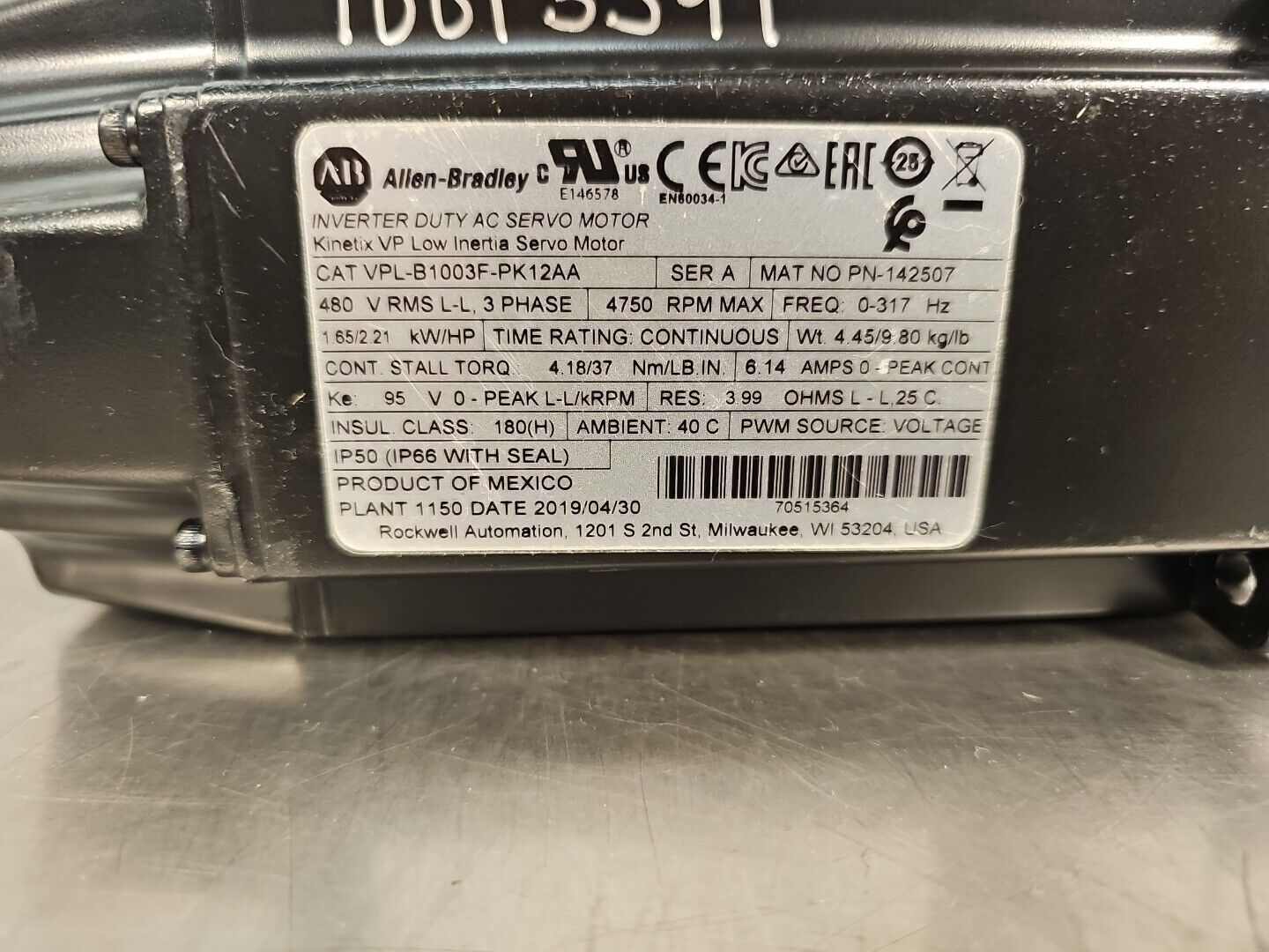 ALLEN BRADLEY VPL-B1003F-PK12AA Ser. A SERVO MOTOR. Loc1B-3