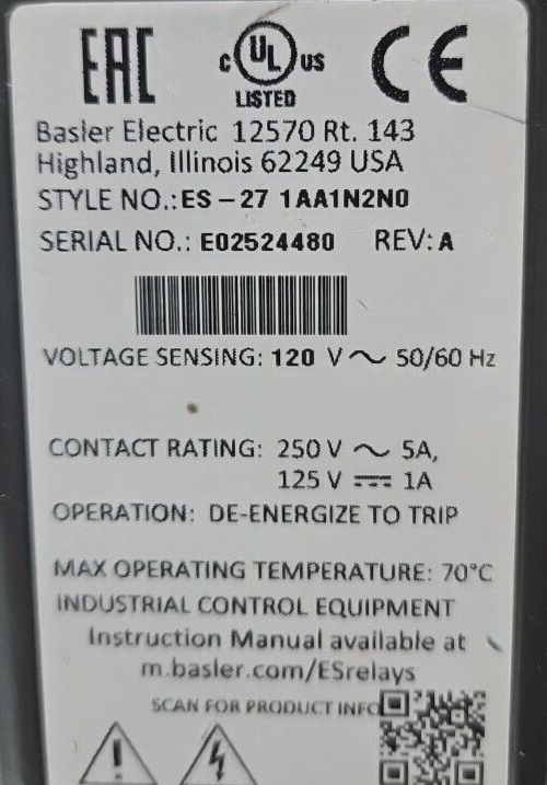 Basler Electric ES-271AA1N2N0 Undervoltage Relay 120V    (BIN3.4.5)