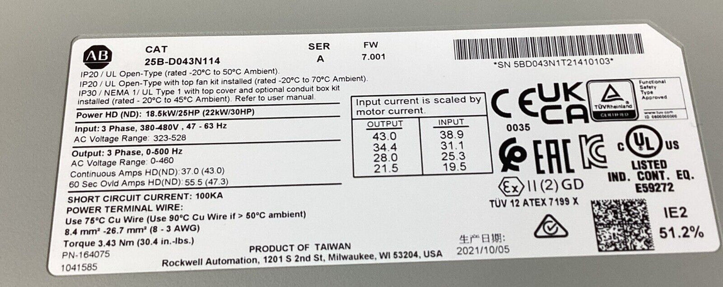 Allen Bradley  25B-D043N114  PowerFlex 525 22kW (30Hp) AC Drive Variable   1E-13