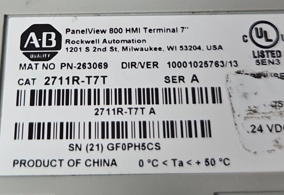 Allen Bradley 2711R-T7T PanelView 800 7 in HMI Terminal                 (BIN424)