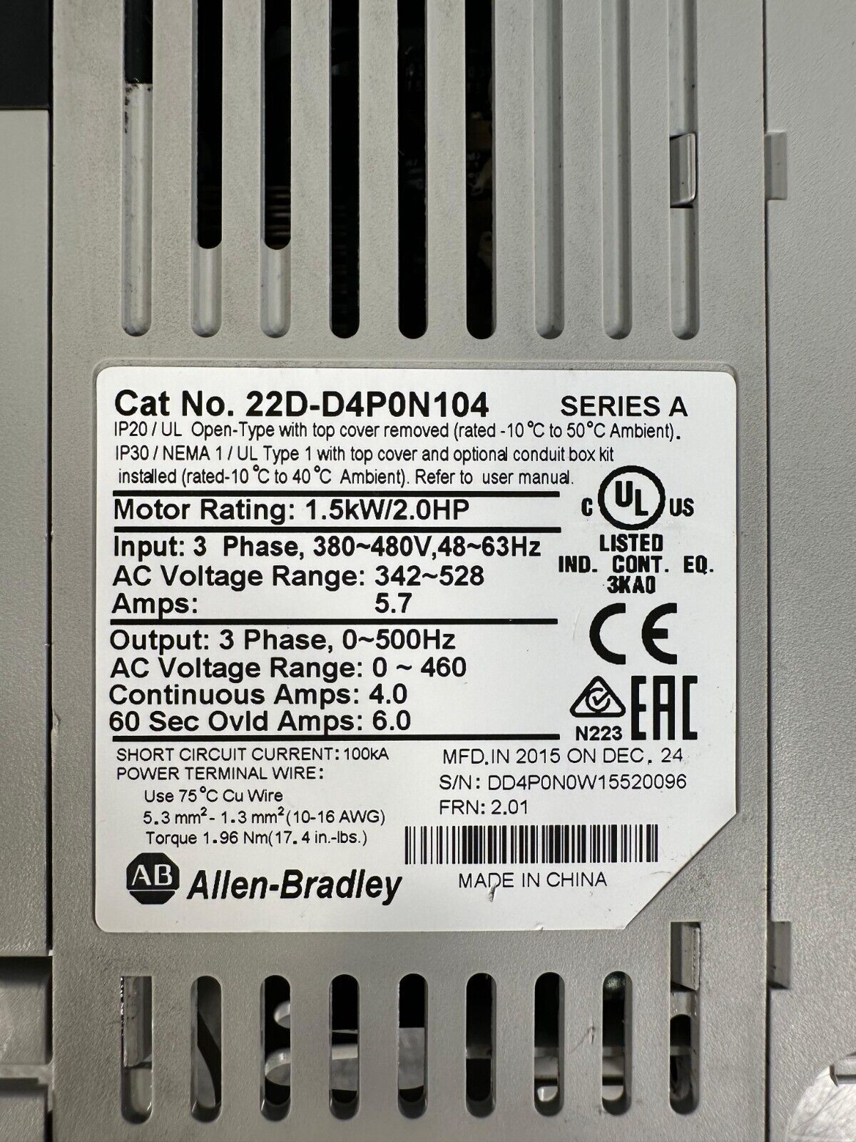 Allen-Bradley PowerFlex 40p -22D-D4P0N104 Ser. A AC Drive  (1B-03)