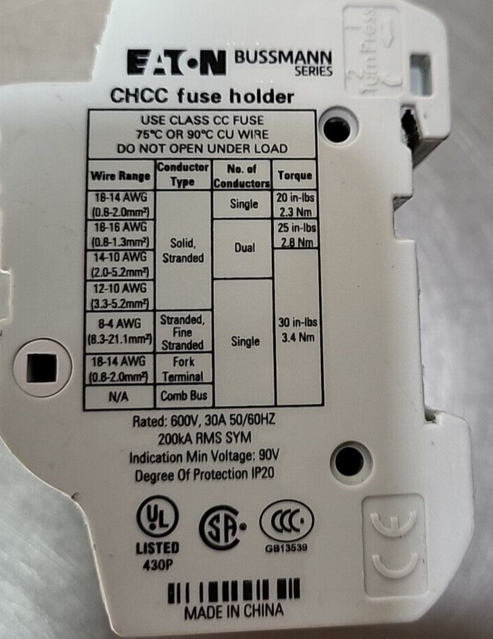 Eaton Bussmann CHHCC    Series Dual    Fuse Holder   600V 30A (BIN 3.5.2)