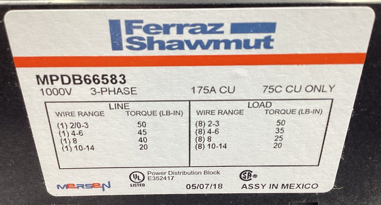 MERSEN FERRAZ SHAWMUT  MPDB66583  POWER DISTRIBUTION BLOCK 1000V 3Ph      4D