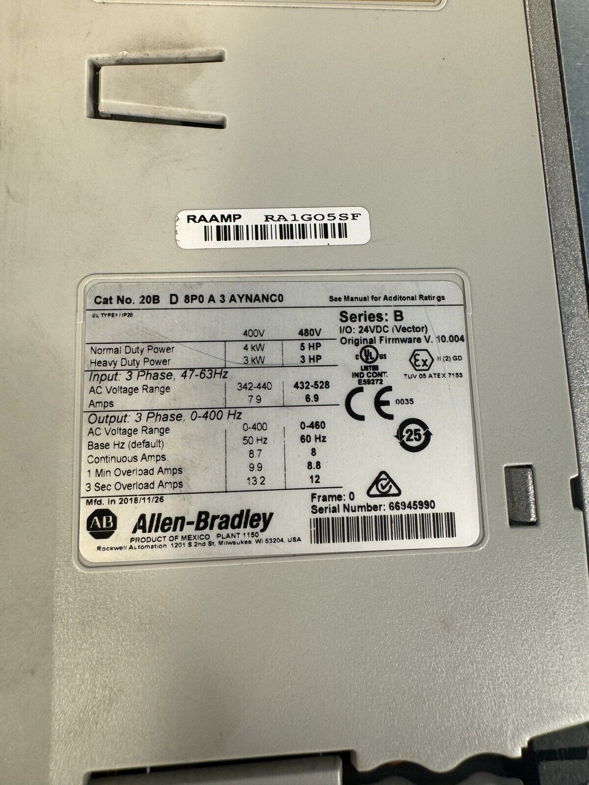 Allen-Bradley PowerFlex 700 5 HP 20BD8P0A3AYNANC0 480 VAC (BIN2.3.4)