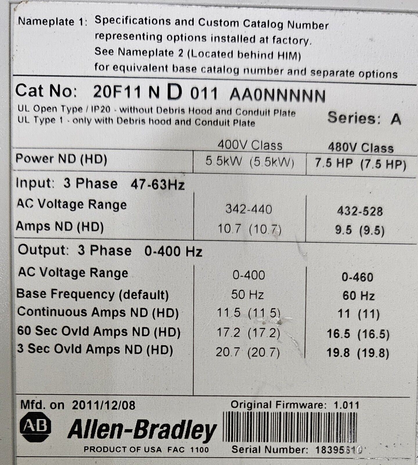 Allen Bradley 20F11ND011AA0NNNNN Ser A  -  AC Drive                     (BIN161)