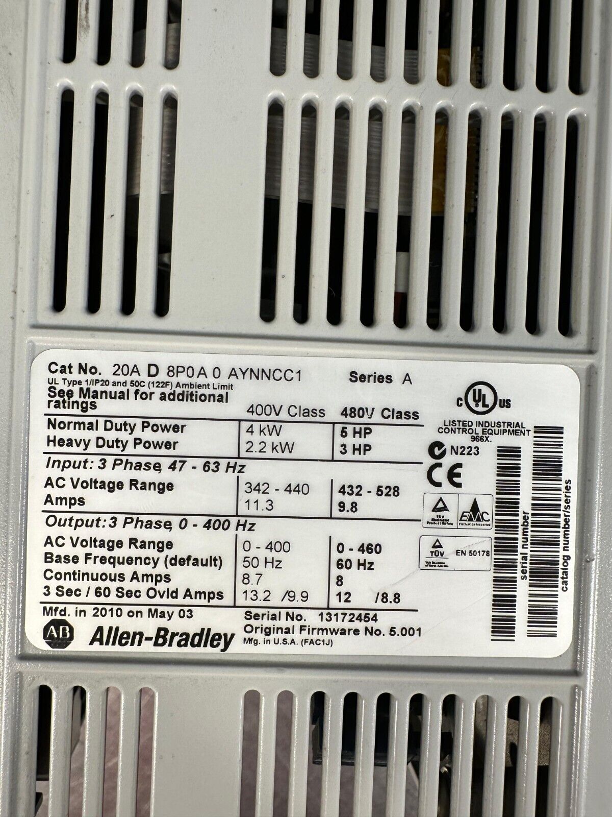 Allen Bradley PowerFlex 70 Ser.A  - 3ph / 20A-D-8P0A-0-AYNNCC1  (1C-06)