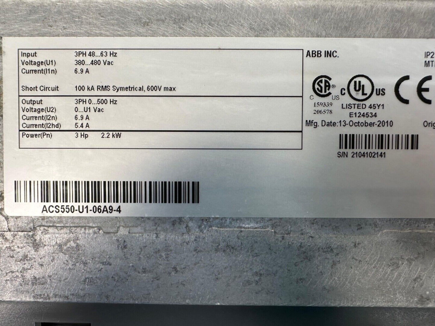 ABB DRIVE ACS550-U1-06A9-4 / 3HP  (1D-27)