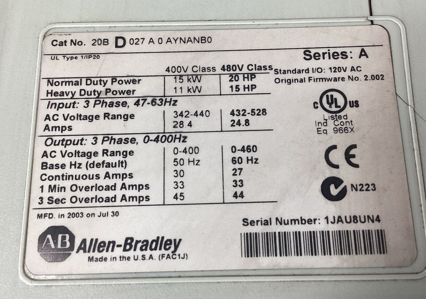 ALLEN BRADLEY  20BD027A0AYNANB0 /A  PowerFlex 700 Drive 20HP 27A 3Ph 480V     1C