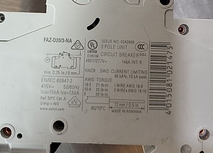 Eaton FAZ-D20/3-NA   Amp 240 VAC 3 Pole  xEffect  Circuit Breaker(BIN3.5.2)