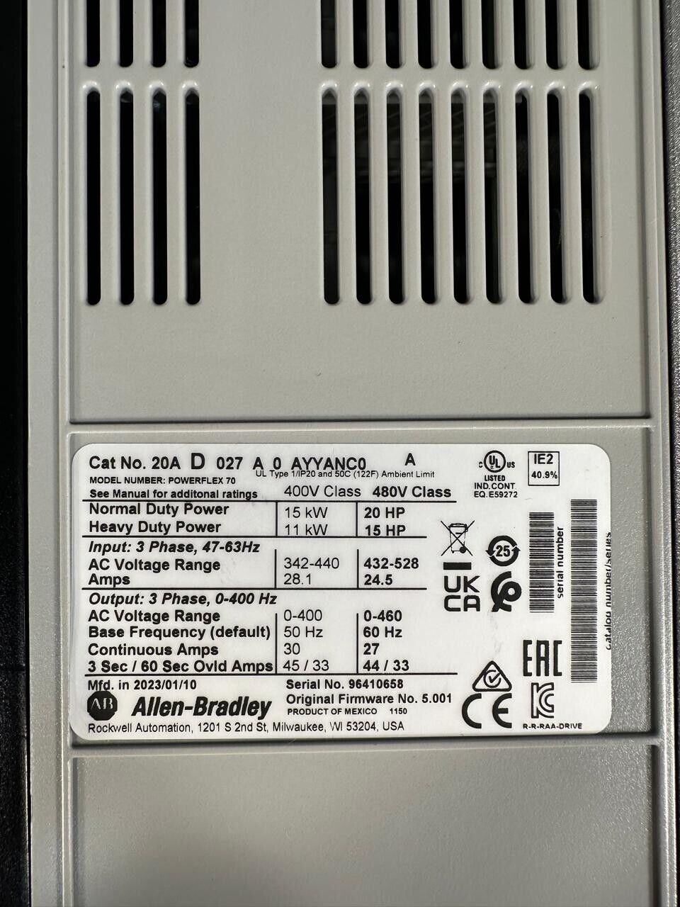 Allen Bradley 20AD027A0AYYANC0 /A PowerFlex 70 480V (1B-29)