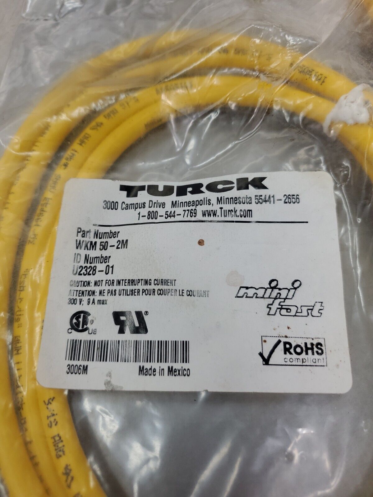 TURCK WKM 50-2M (ID#. U2328-01) Minifast Series Cable.                   5A-12/4