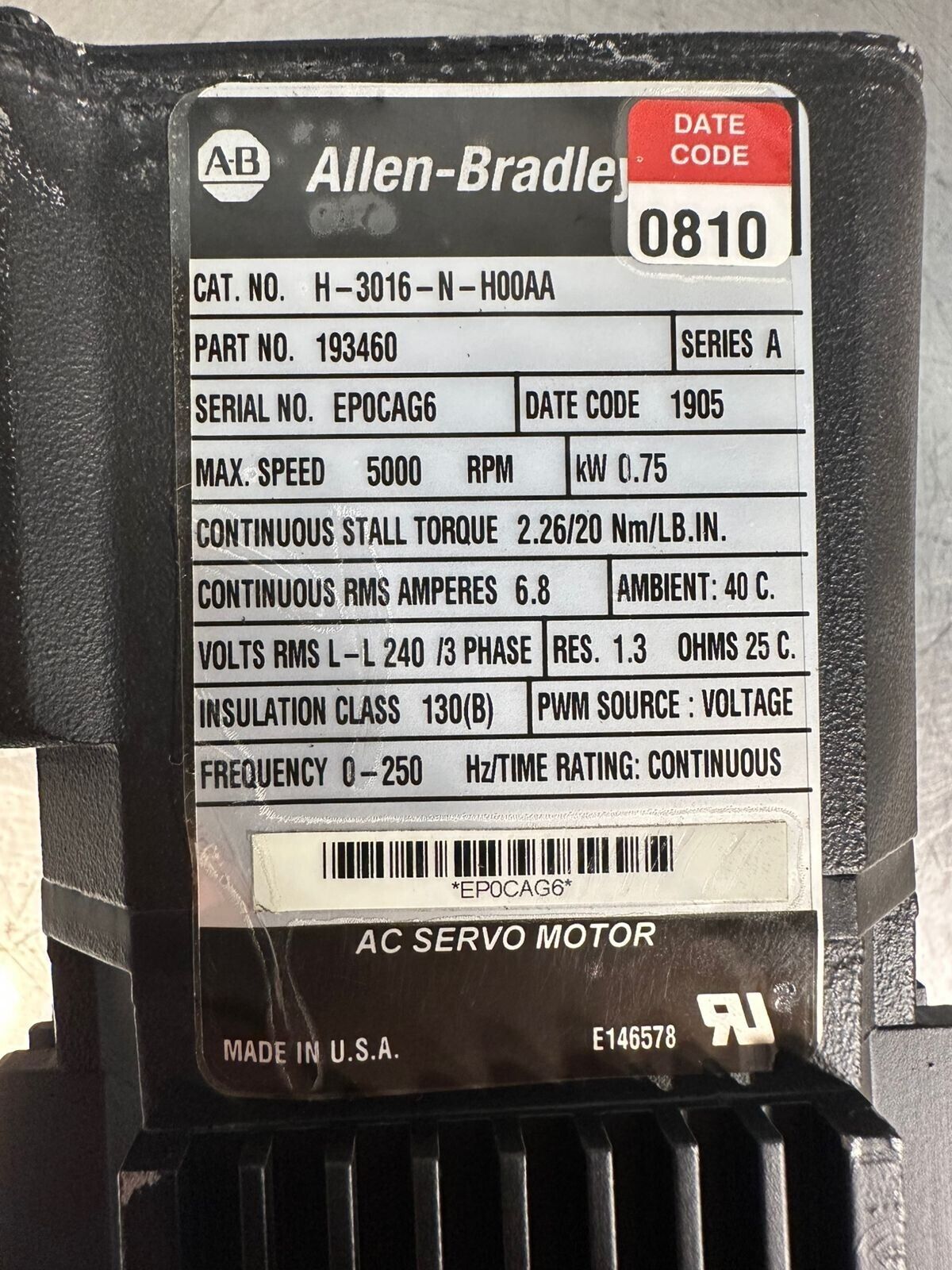 Allen Bradley H-3016-N-H00AA SER. A 6.8A 5000Rpm 3phases (1E-32)