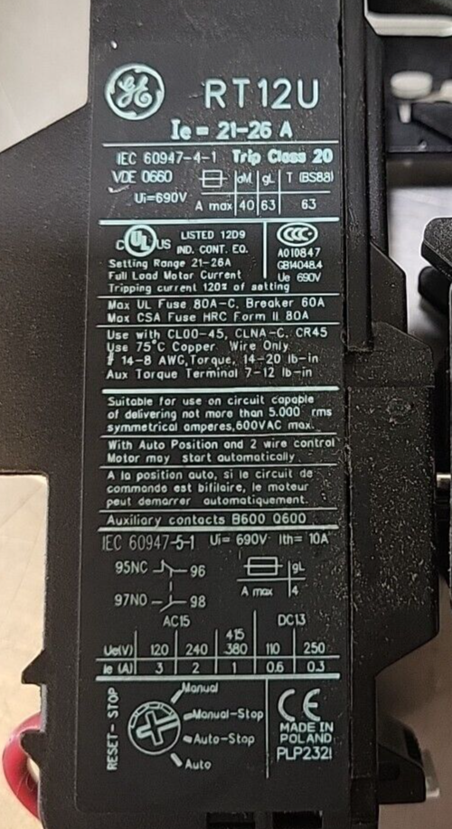 GE General Electric RT12UThermal Overload Relay 21-26 A + CR454AB3AAUA1L(BIN3.5)