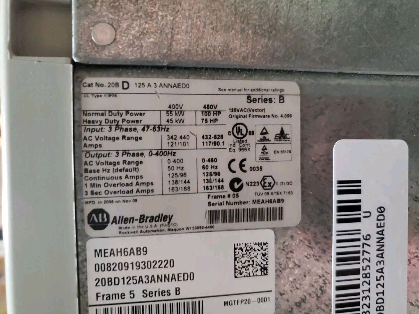 ALLEN BRADLEY 20BD125A3ANNAED0 SerB PowerFlex 700, 100HP (REFURB)          1E-11