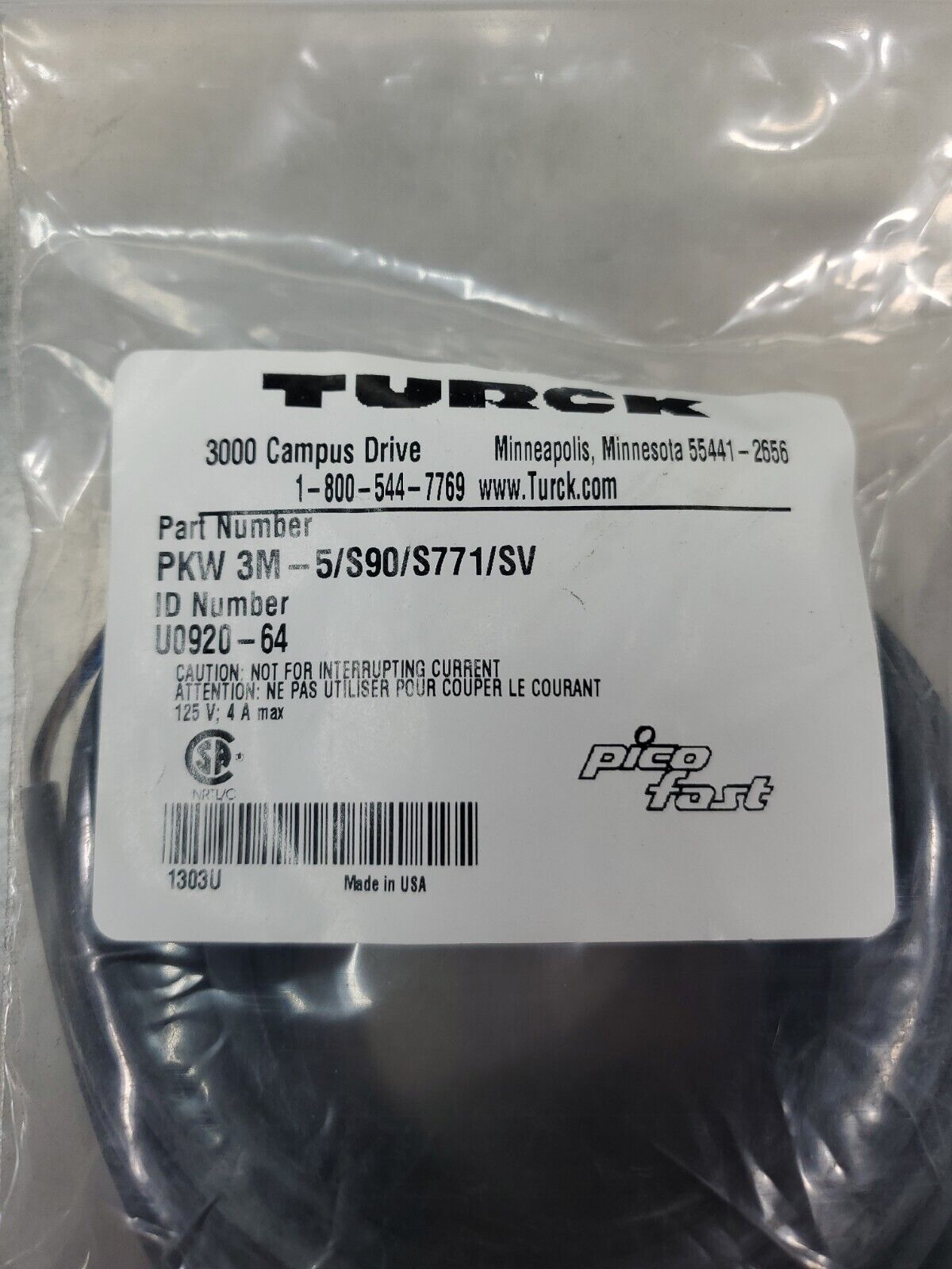 TURCK PKW 3M-5/S90/S771/SV (U0920-64) PicoFast PLC Cable.                5A-12/1