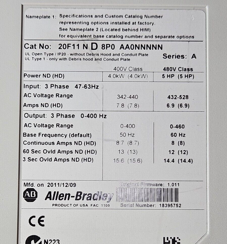 Allen Bradley 20F11ND8P0AA0NNNNN Ser A  -  AC Drive                     (BIN364)