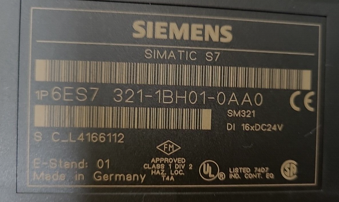 Siemens     6ES7 321 -1BH01-0AA0      Simatic S7   (BIN   4.4.4)