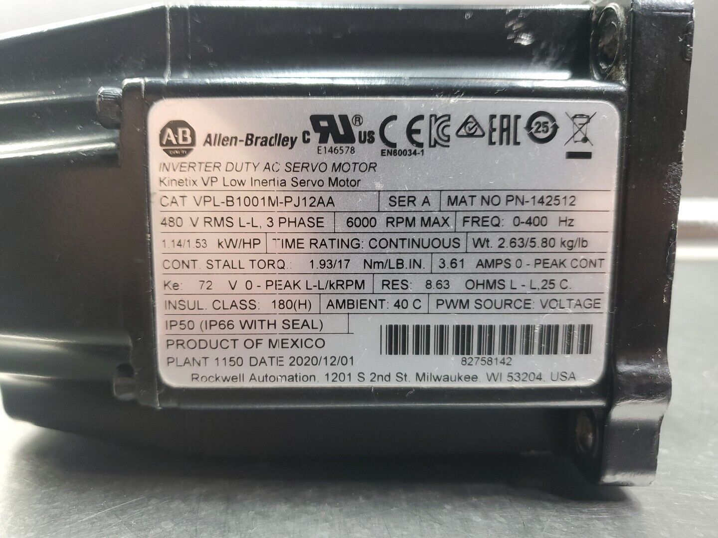 Allen Bradley VPL-B1001M-PJ12AA/A Kinetix Low Inertia Servo Motor, 6000 RPM.  1C