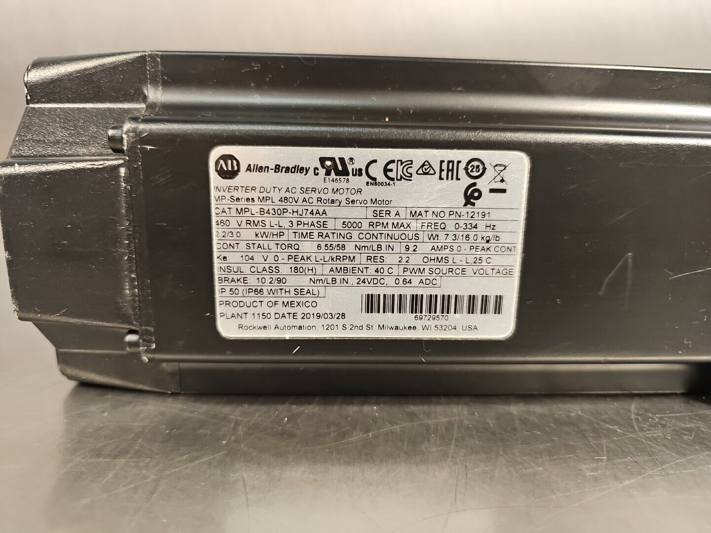 Allen-Bradley MPL-B430P-HJ74AA  MP-Series 5000rpm Servo Motor Loc.1G1