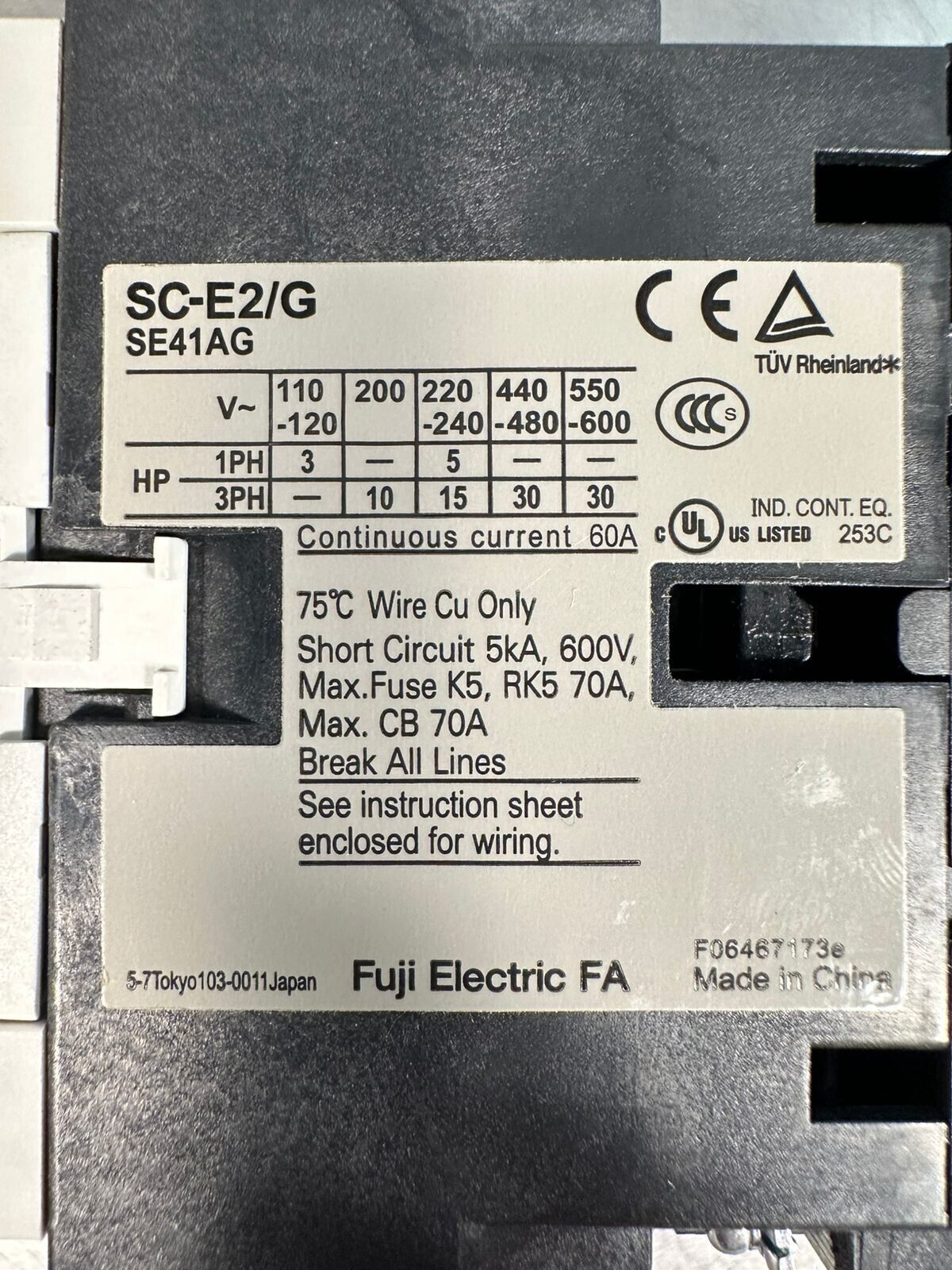 Fuji Electric SC-E2/G SE41AG-E IEC Contactor 24VDC Coil 3-Pole 60A (4B-18)