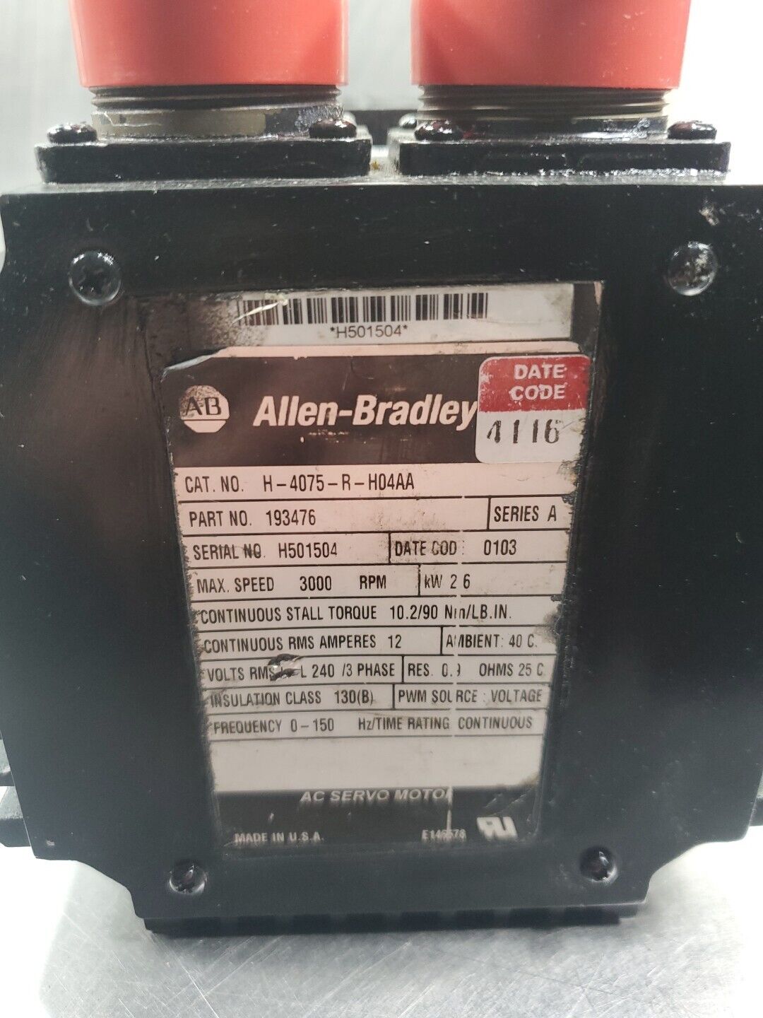 Allen Bradley H-4075-R-H04AA AC Servo Motor, 3000RPM (P/N:193476) 2.6kW.      1E