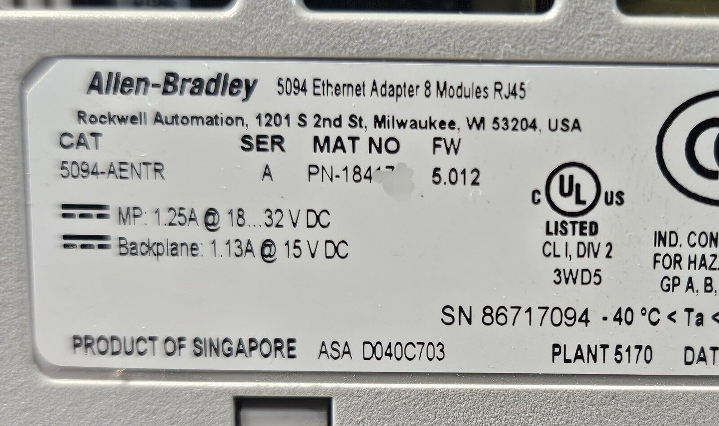 Allen Bradley 5094-AENTR Ser A Flex 5000 Ethernet Adapter                loc4C22