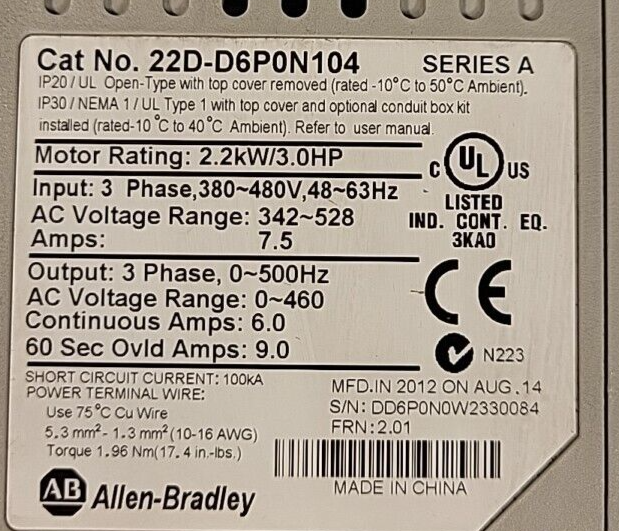 Allen-Bradley    22D-D6PON104  Power Flex 40  AC  Drive; 3HP       (BIN3.3.1)