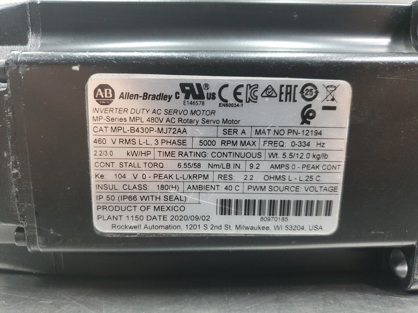 Allen Bradley MPL-B430P-MJ72AA 480V AC Rotary Servo Motor, 5000 RPM.          1E