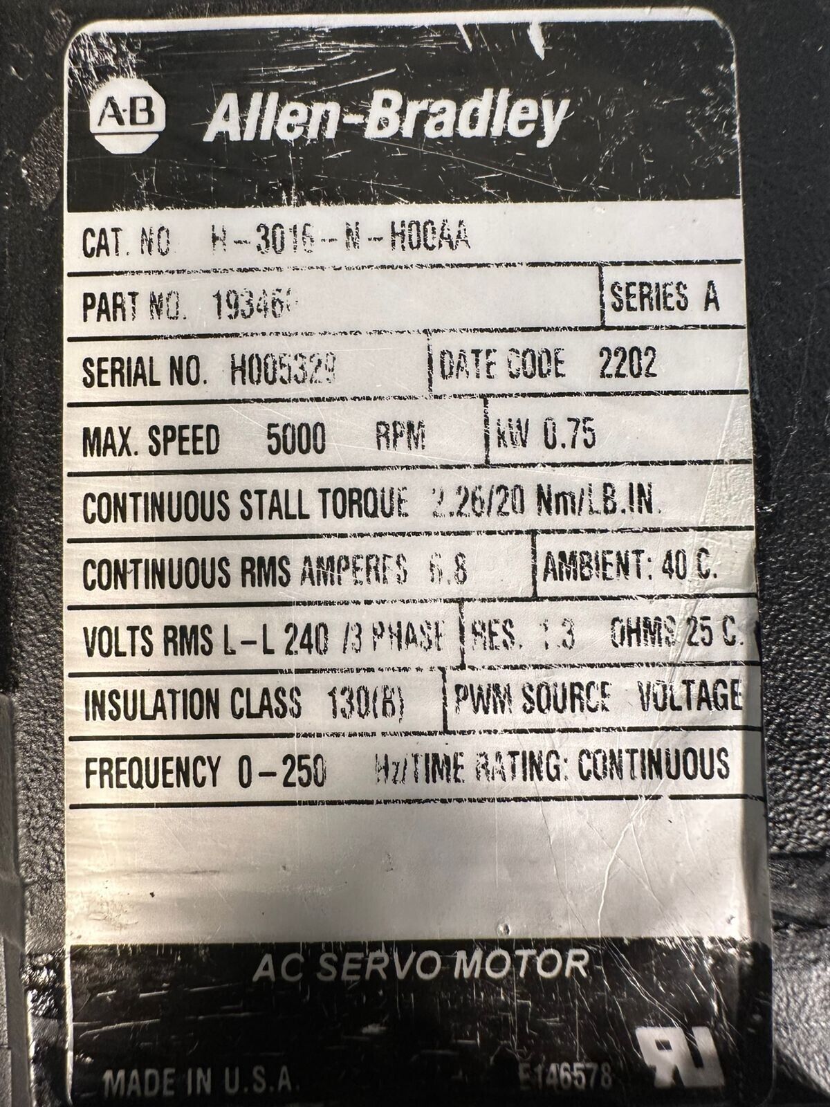 Allen Bradley H-3016-N-H00AA Servo Motor, Ser.A (1B-34)