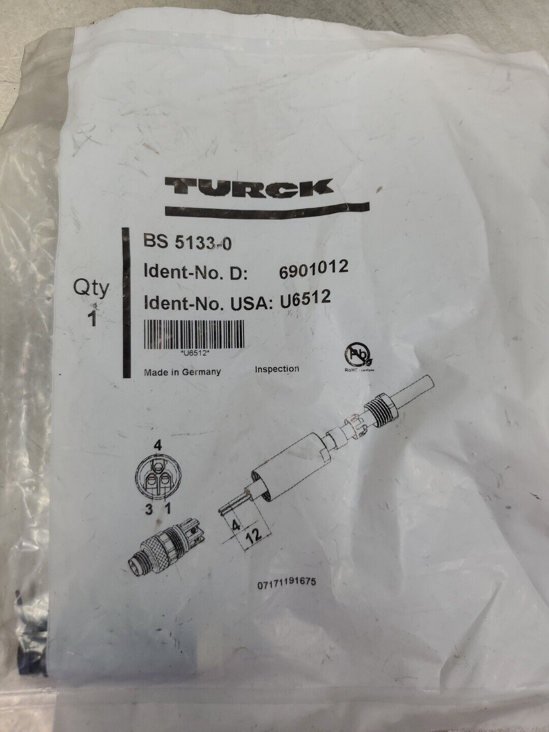 Turck BS 5133-0 Field Wireable Connector Male M8 3-Position.              5B-4/7