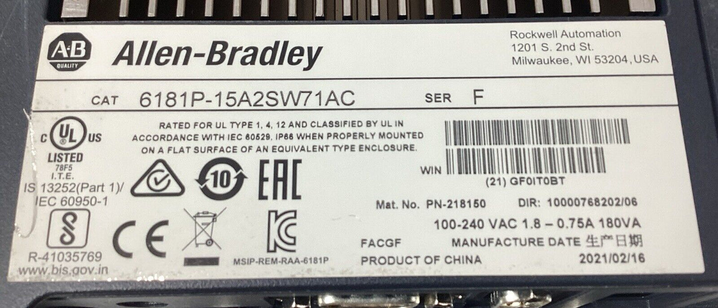 ALLEN BRADLEY  6181P-15A2SW71AC /F  INTEGRATED DISPLAY INDUSTRIAL COMPUTER 1C-35