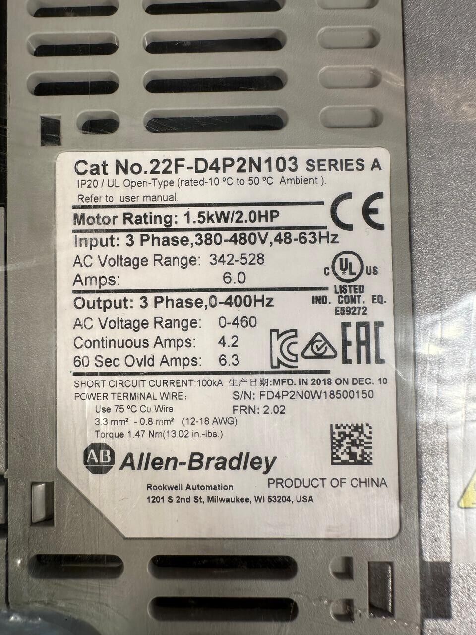 Allen-Bradley 22F-D4P2N103 PowerFlex4M 380-480V 0-400Hz 4.2A 1.5kw (1C-03)