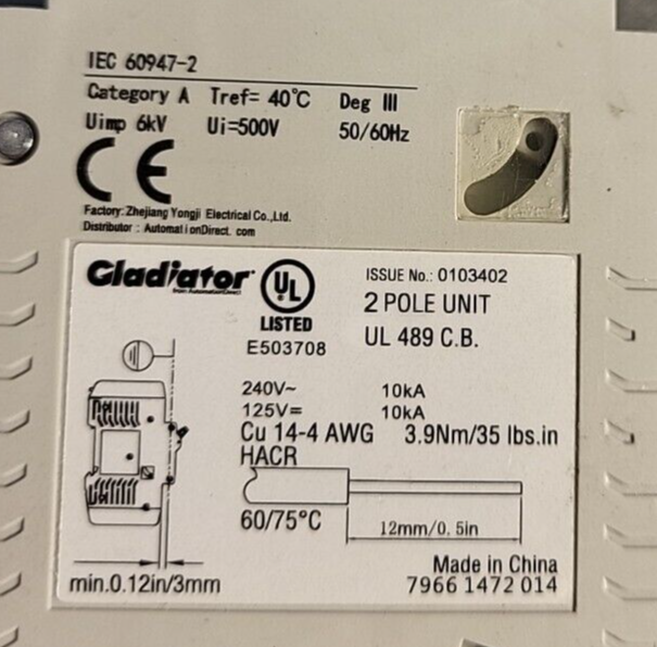 Gladiator  IEC 60947-2  GMCBU 2-POLE 20A Breaker (BIN 3.5.2)