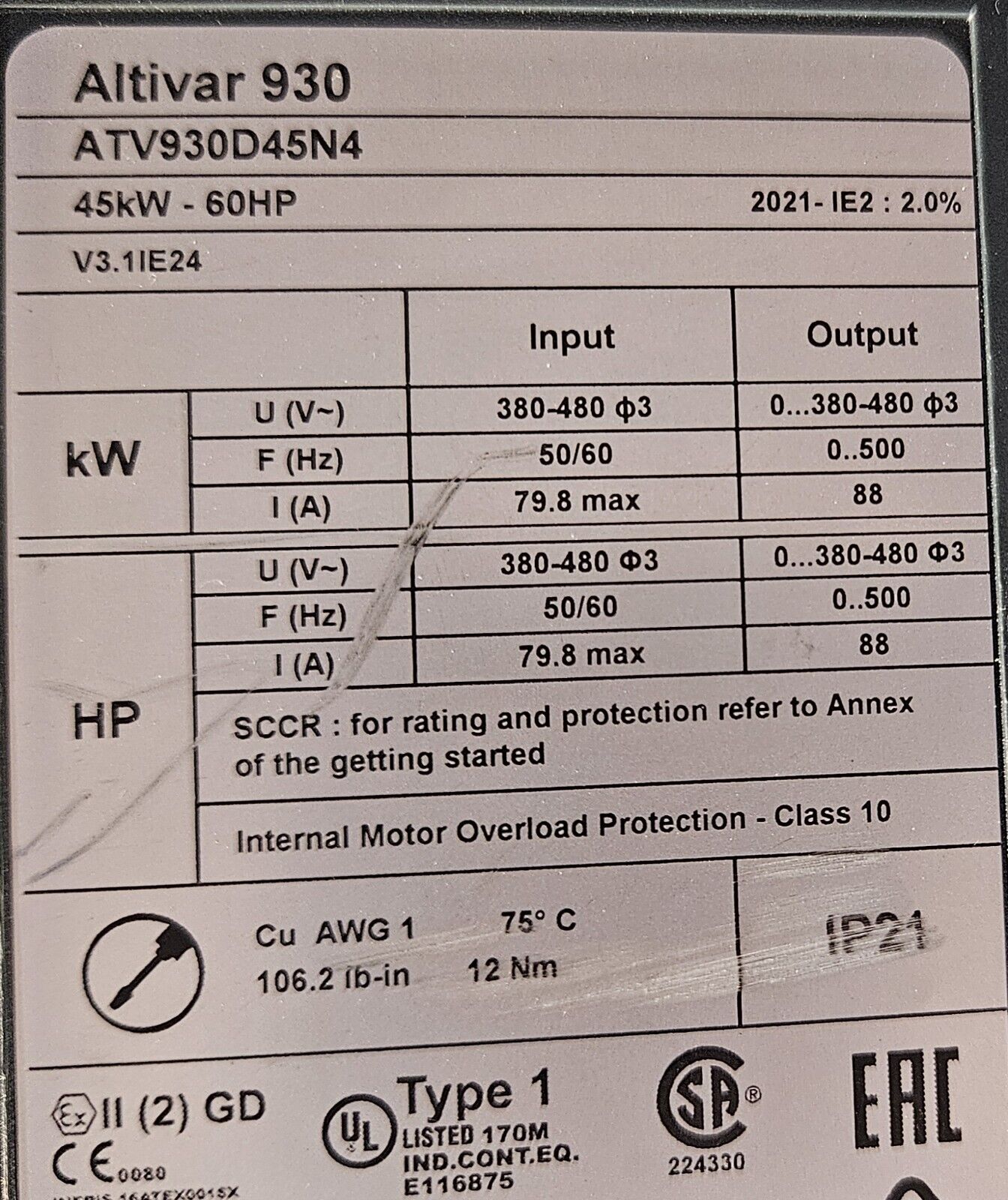 Schneider ATV930D45N4 / VW3A1111 Case and Graphic Display               (BIN441)