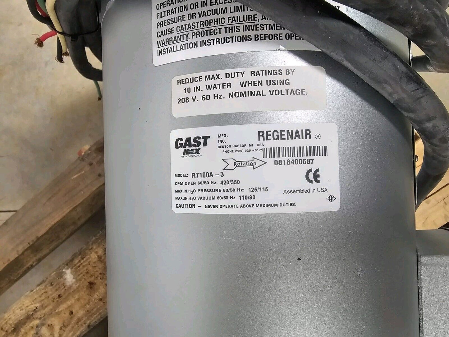 GAST IDEX Regenair R7100A-3 Blower 420/350 CFM 10HP (Full assembly)