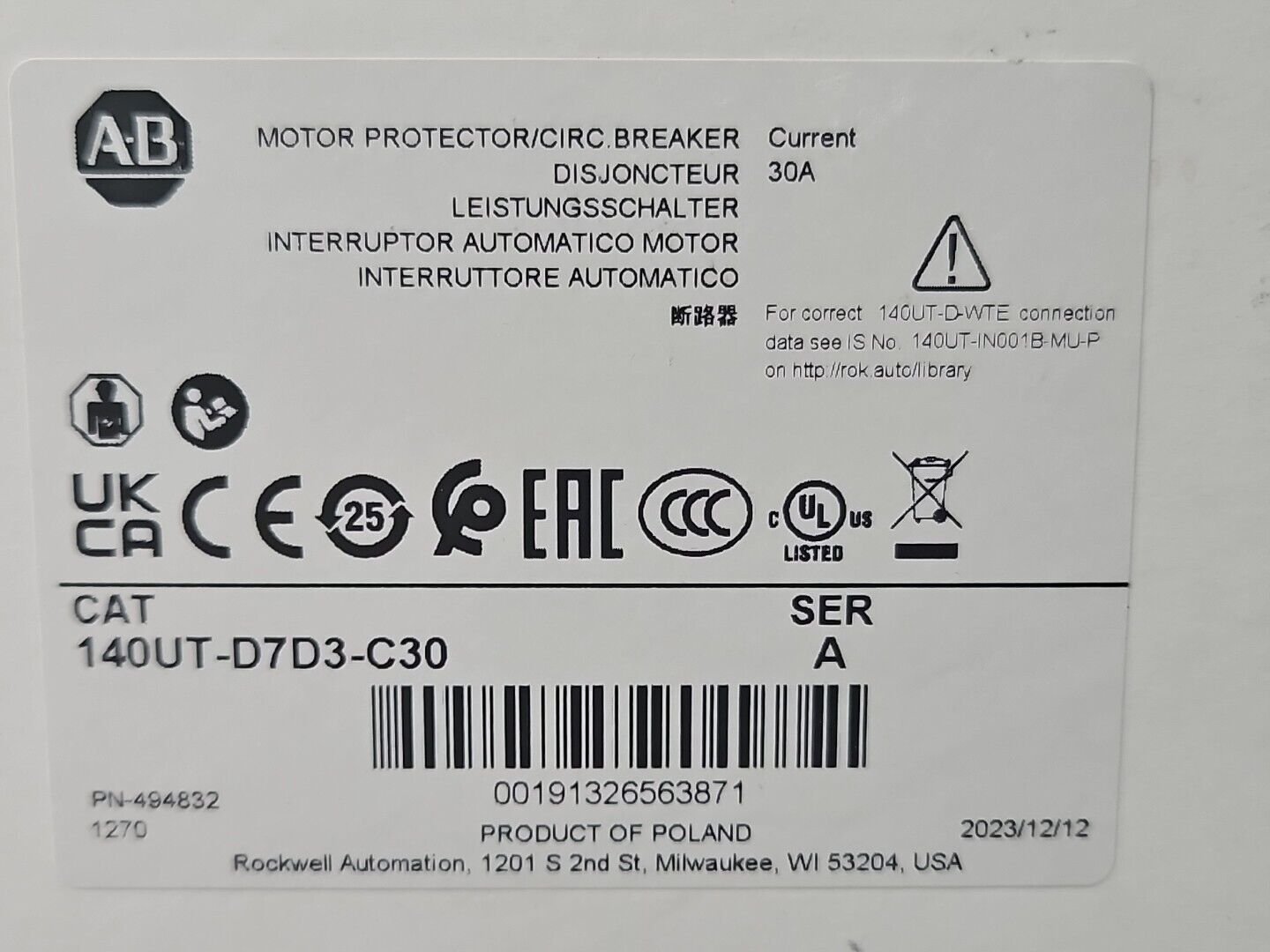 *edu Allen Bradley 140UT-D7D3-C30 Ser A Circuit Breaker  3 Pole     loc4