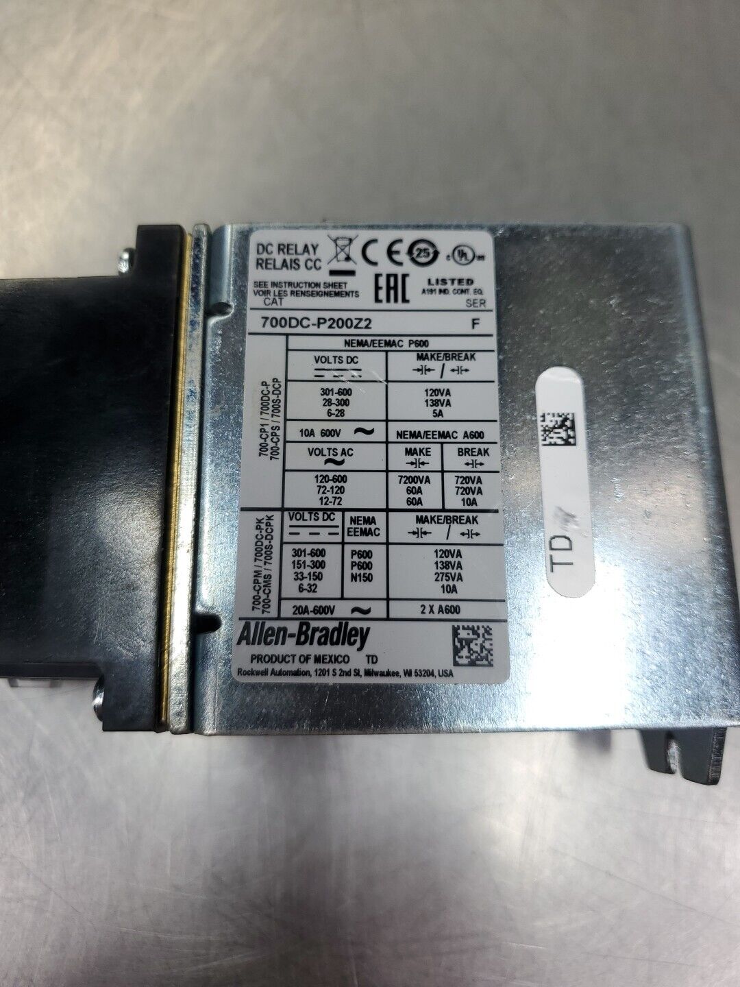 Allen Bradley 700DC-P200Z2 Ser F Bulletin DC Relay.                        4D-11