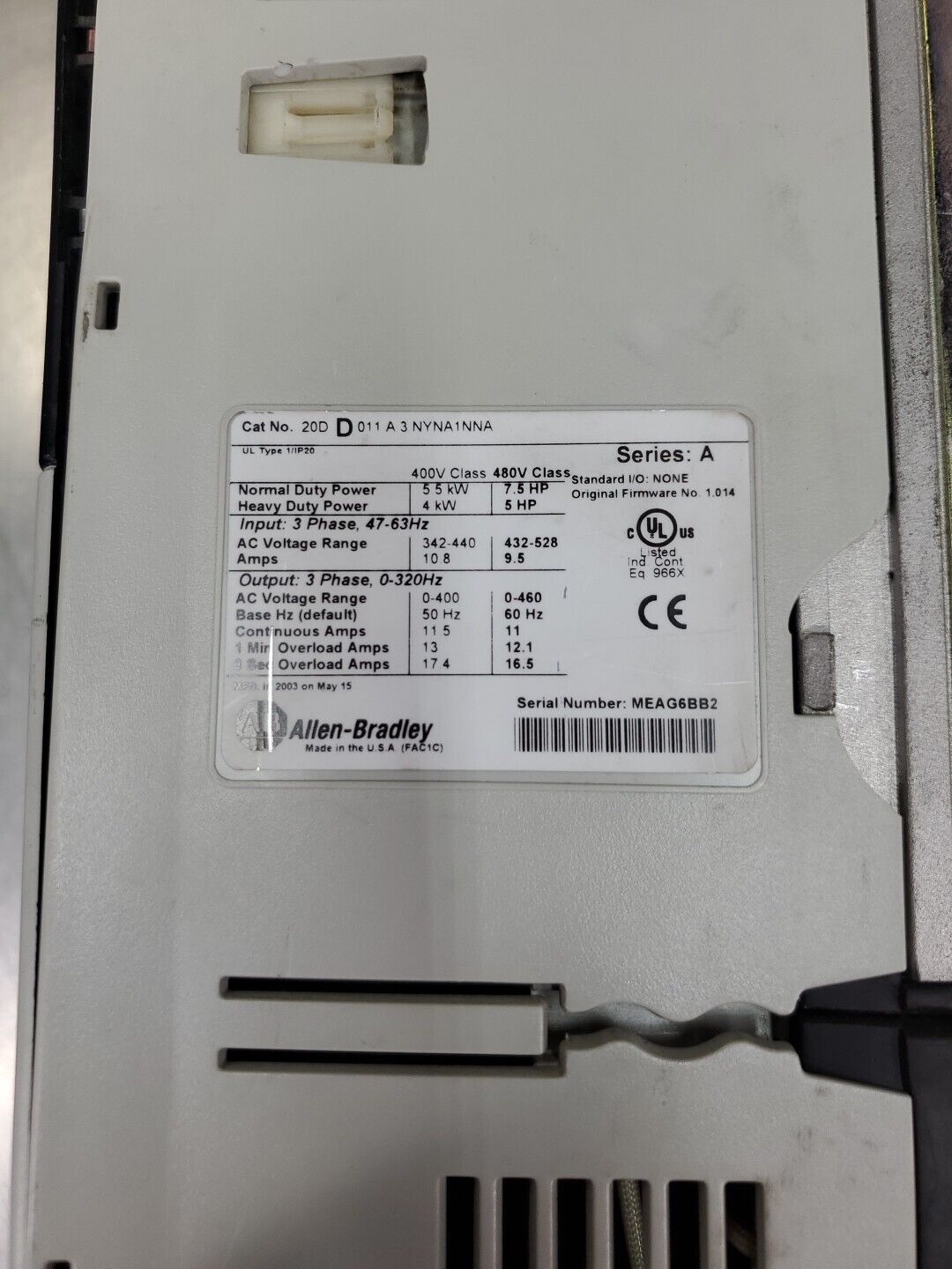 ALLEN BRADLEY 20DD011A3NYNA1NNA A PowerFlex 700S Drive, 7.5HP (REFURB)     1C-06